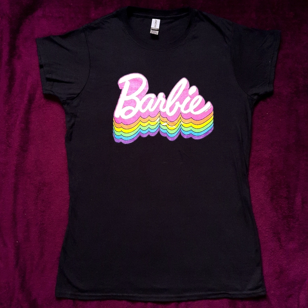 Barbie Rainbow Logo L Black Short Sleeve T-Shirt (New Without Tags)